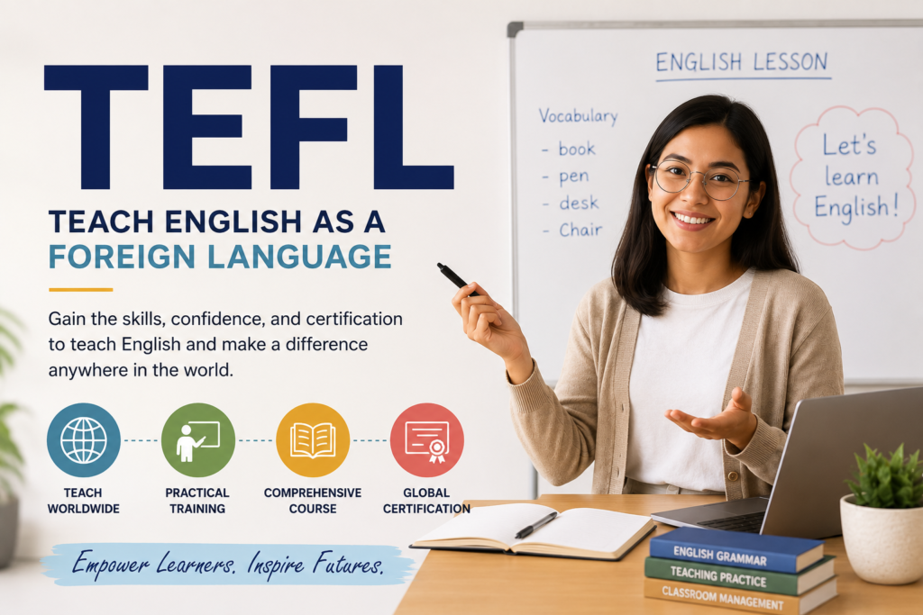 TEFL Course - Teacher explaining an English lesson in a classroom during a Certificate in English Teaching program