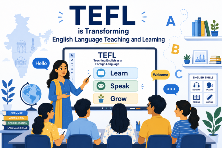 English teacher conducting an interactive TEFL lesson with students in an Indian classroom.